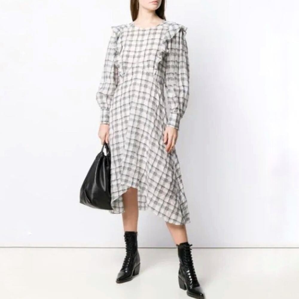 Isabel Marant Adonis Plaid Dress Ivory Ruffle Long Sleeve Midi Sz 36 /‎ S